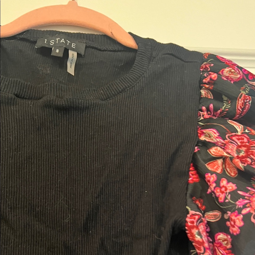 1. State Black Top with Pink Floral Sleeves - Picture 6 of 7